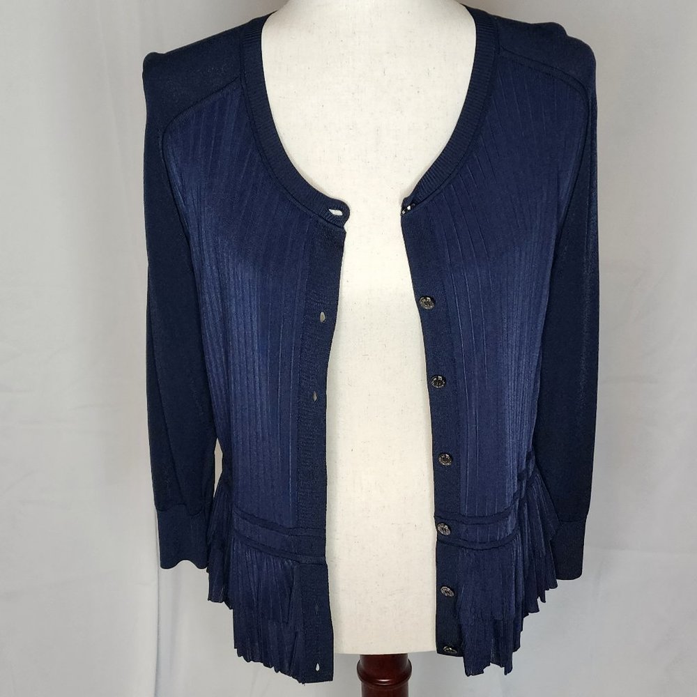 Oscar de la Renta Navy Button Front Ruffle Hem Cardigan Size: L - Picture 4 of 16